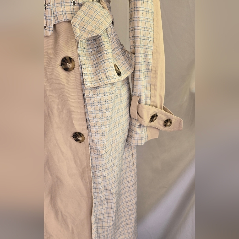 Avec Les Filles women XS color block raglan trench coat mixed media belted plaid - Picture 8 of 12